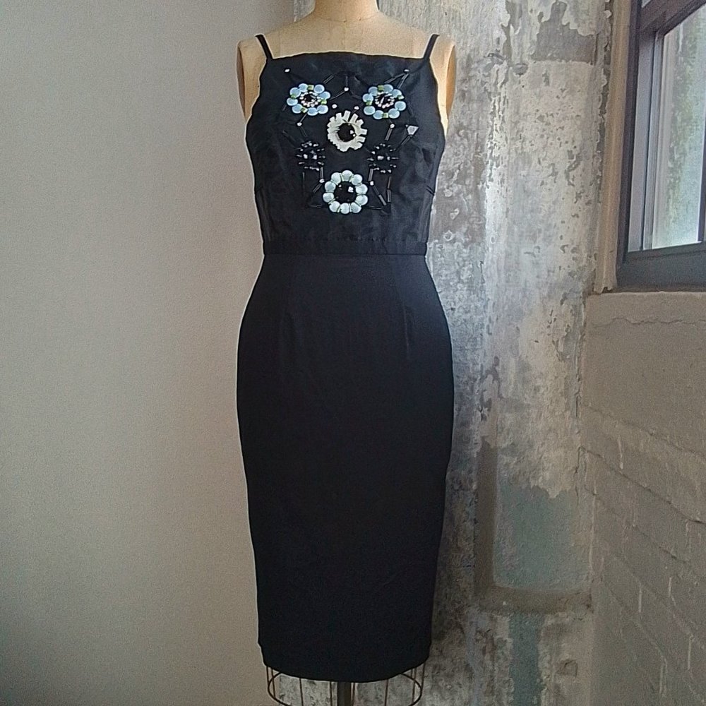 FRENCH CONNECTION Beaded Flower Black Midi Mesh Cocktail Dress, NWT, Size 8